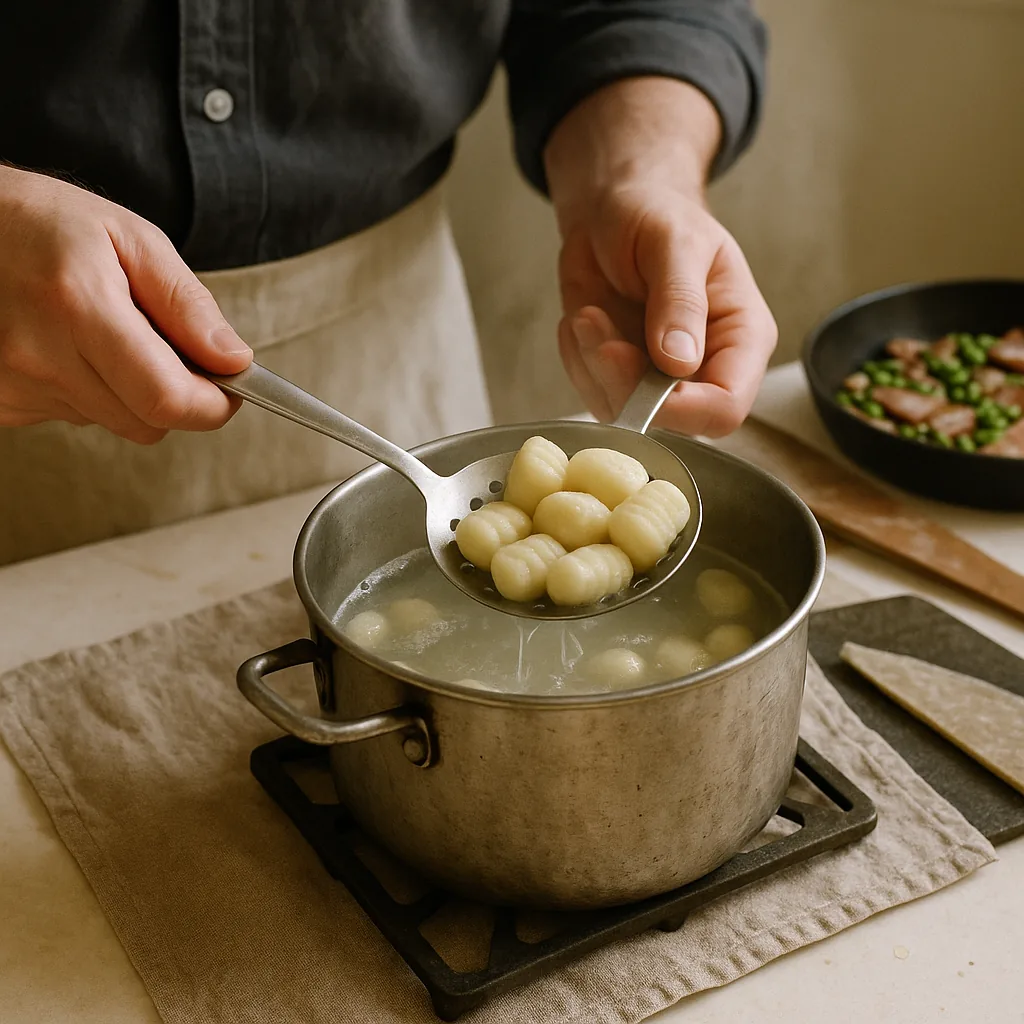 A pair of hands lifts a slotted spoon of cooked gnocchi out of a pot of boiling water, the plump pale dumplings crowded on the spoon with water draining off in threads.