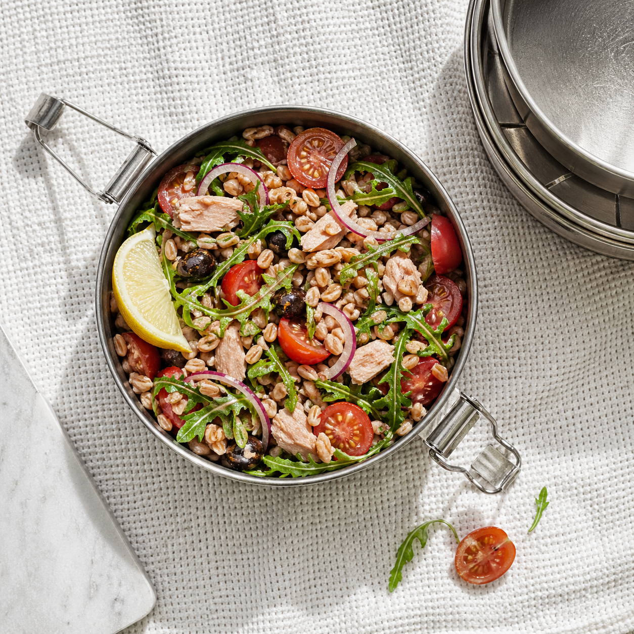 Insalata di farro with tuna, tomatoes, and rocket