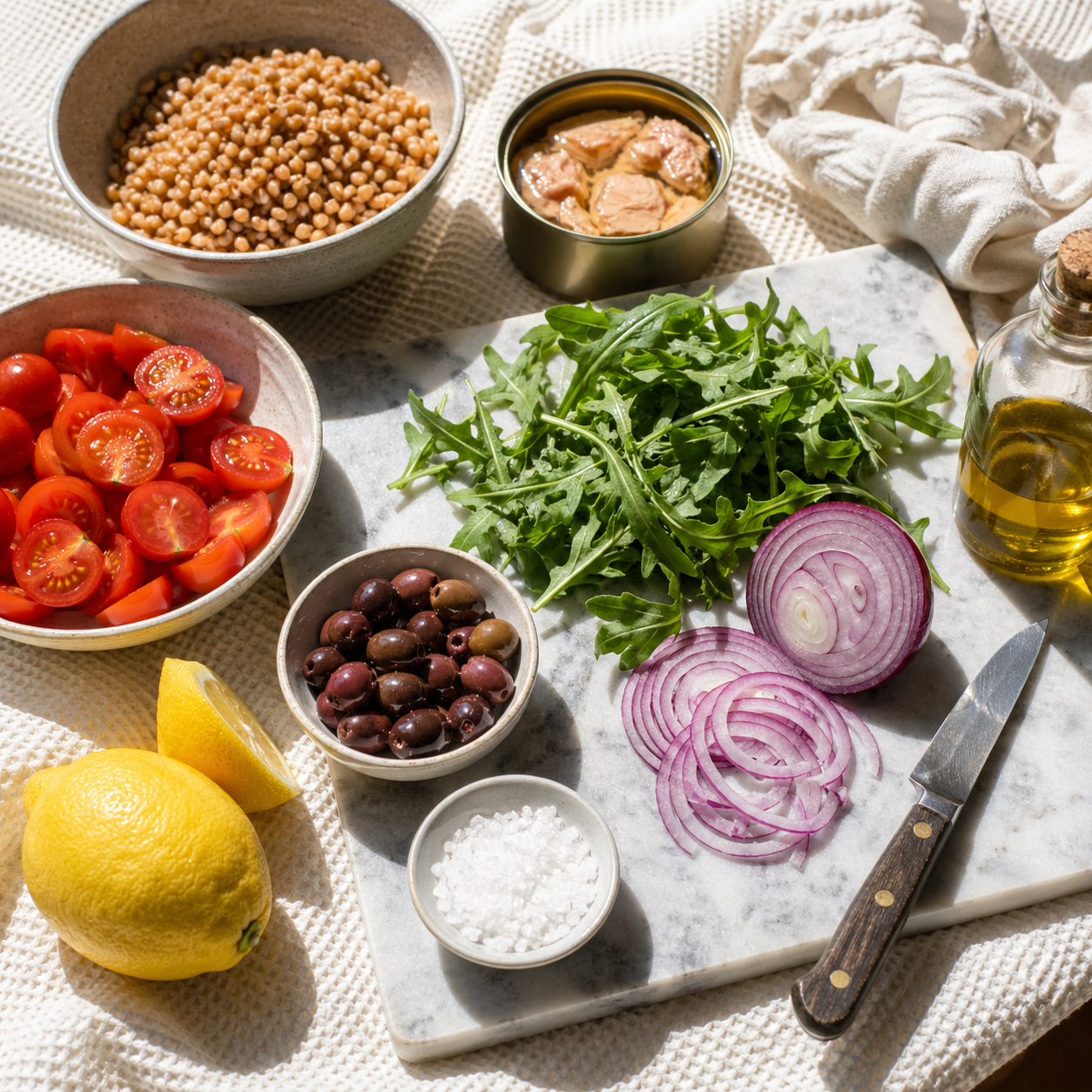 Insalata di farro with tuna, tomatoes, and rocket: ingredients
