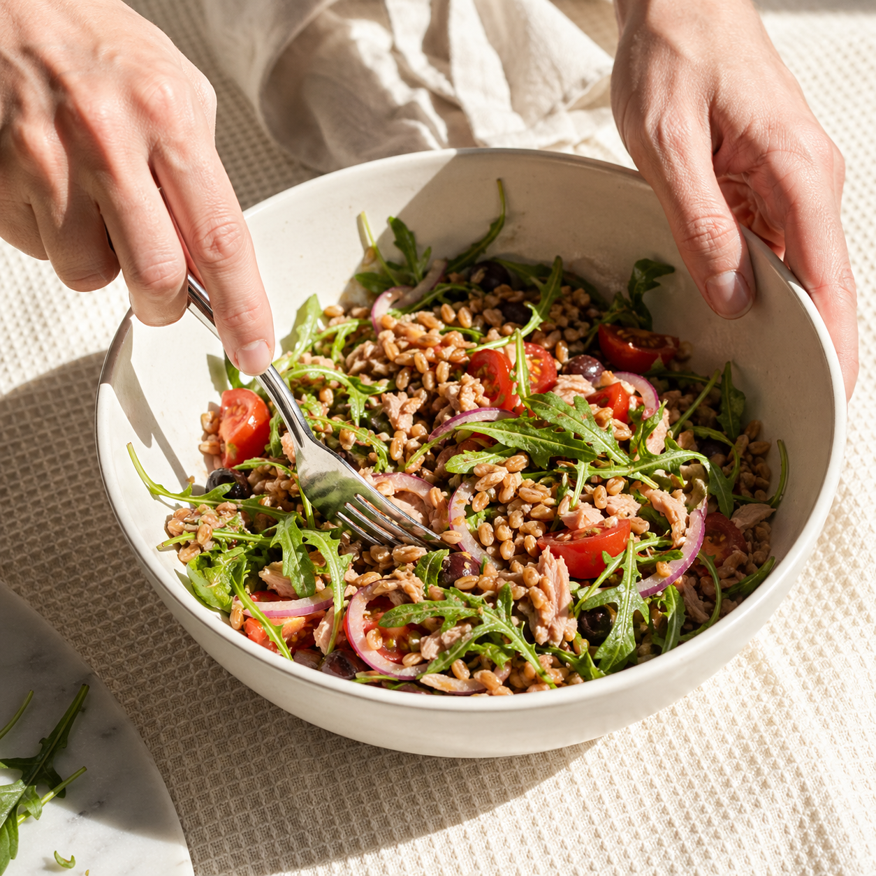 Insalata di farro with tuna, tomatoes, and rocket: ingredients