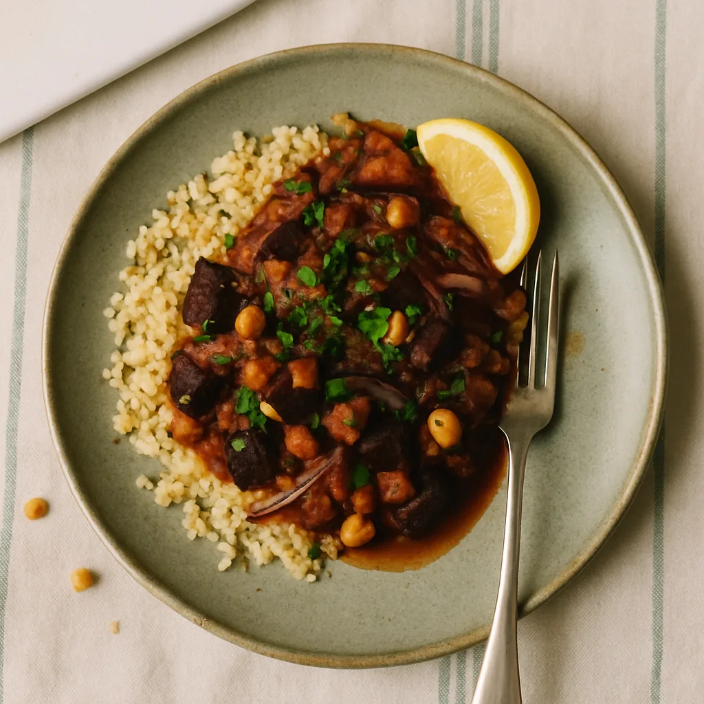 The finished bake on a sage green handmade plate with an irregular edge. Soft dark aubergine cubes and chickpeas in a thick tomato sauce with sliced red onion and a warm brown flush of cumin, spooned over a bed of bulgur wheat.