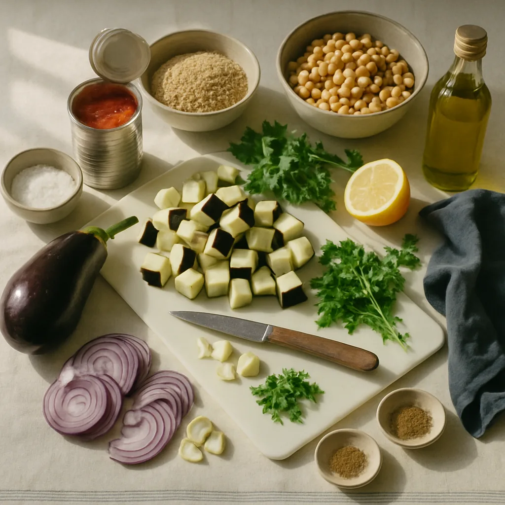 Ingredients laid out for an aubergine, chickpea and tomato bake served with bulgur wheat: two aubergines, an opened tin of chickpeas, an opened tin of chopped tomatoes, a red onion, 3 garlic cloves.