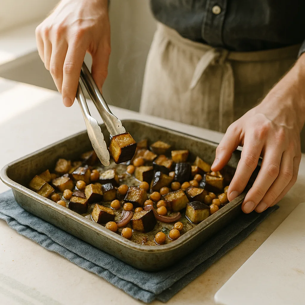A pair of hands uses metal tongs to turn aubergine cubes in a shallow oven tray part way through roasting. One cube is held up clear of the tray, its cut face dark gold and glistening.