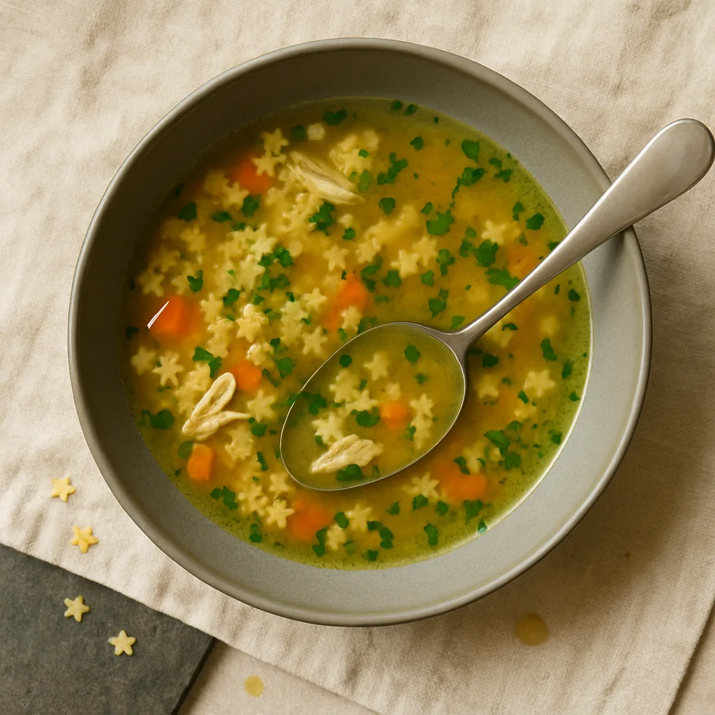 The finished minestra in a warm grey matte deep soup bowl. A clear golden broth with tiny star-shaped pastina settled through it, small dice of carrot, and shreds of pulled chicken.