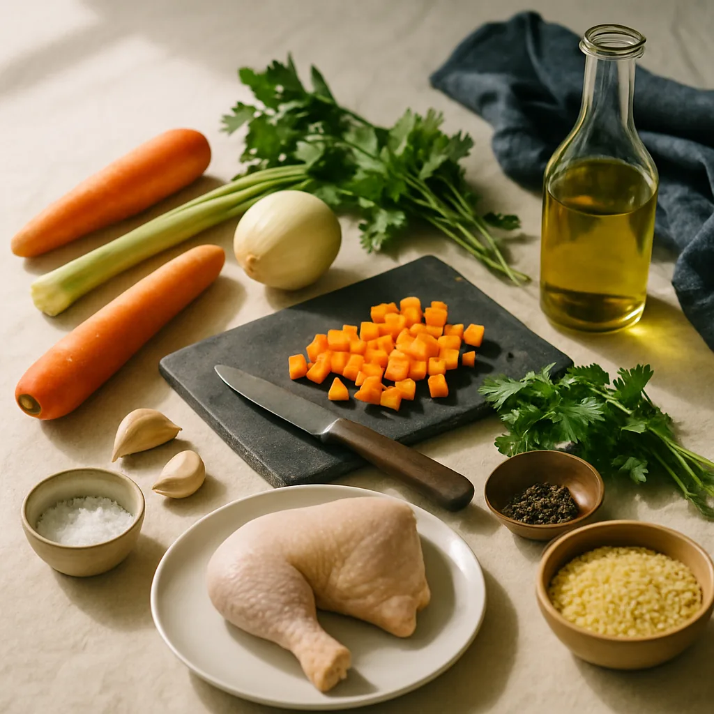 Ingredients laid out for minestra di pollo e pastina, a chicken leg simmered into a light broth with vegetables, then tiny pasta cooked in it.
