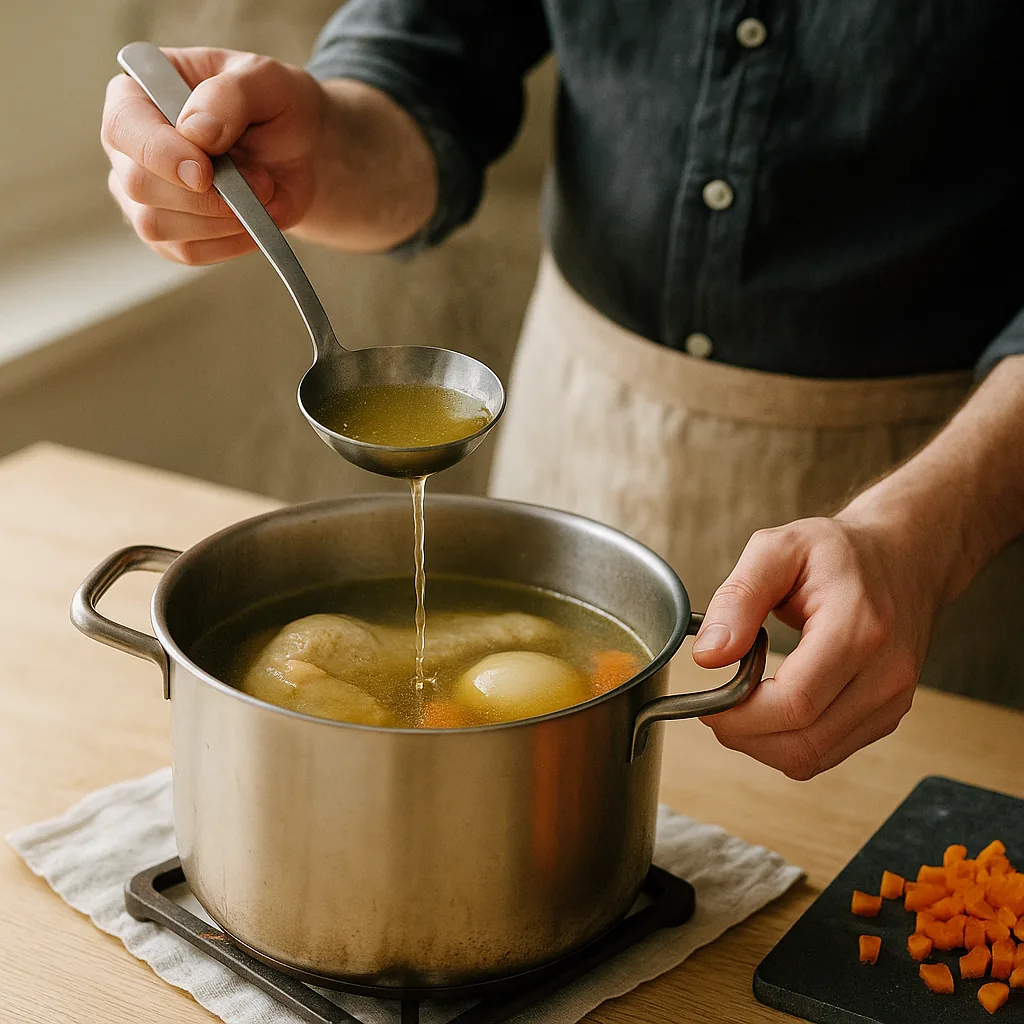 A pair of hands lowers a metal ladle into a tall pot of pale golden chicken broth and lifts a full ladle just clear of the surface, the broth streaming back down in a thin line.