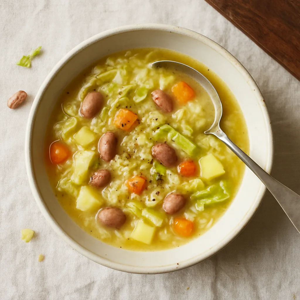 The finished minestra in a matte cream stoneware deep bowl. A thick soup rather than a broth: soft ribbons of savoy cabbage, swollen rice grains, whole borlotti beans and small dice of carrot and potato.