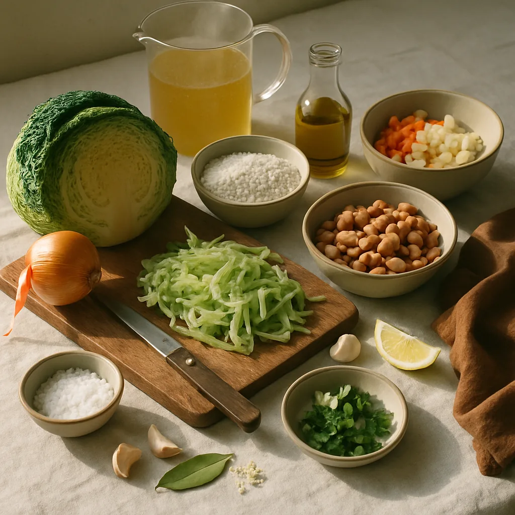 Ingredients laid out for minestra di riso e verza, a rice and savoy cabbage soup with borlotti beans.