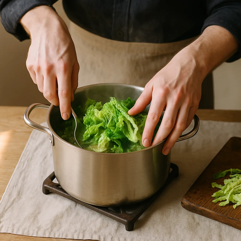 A pair of hands pushes a big handful of shredded savoy cabbage down into a deep pot with a large metal spoon. The cabbage is heaped above the rim and only half wilted, bright crinkled green on top, collapsing and darkening where it meets the hot stock below.