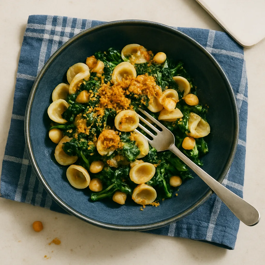 The finished dish in a deep navy shallow bowl-plate. Orecchiette tangled with dark green cime di rapa, whole chickpeas caught in the folds, slivers of garlic, a good scatter of coarse golden chilli breadcrumbs over the top and a slick of olive oil.