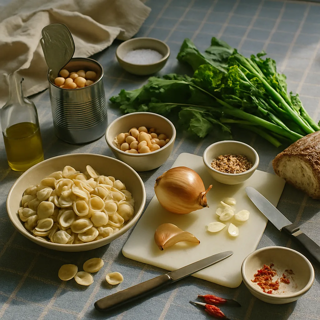 Ingredients laid out for orecchiette with cime di rapa, chickpeas and chilli breadcrumbs: a heap of dry orecchiette in a shallow beige dish, a bunch of cime di rapa, an opened tin of chickpeas, 3 garlic cloves sliced thin.