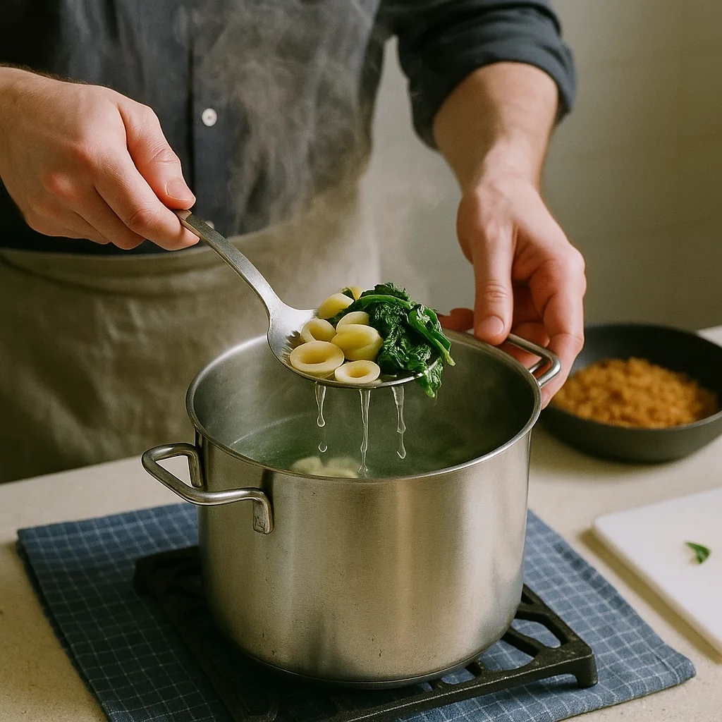 A pair of hands lifts a slotted spoon out of a big pot of cloudy boiling water, loaded with orecchiette and dark green cime di rapa cooked together.