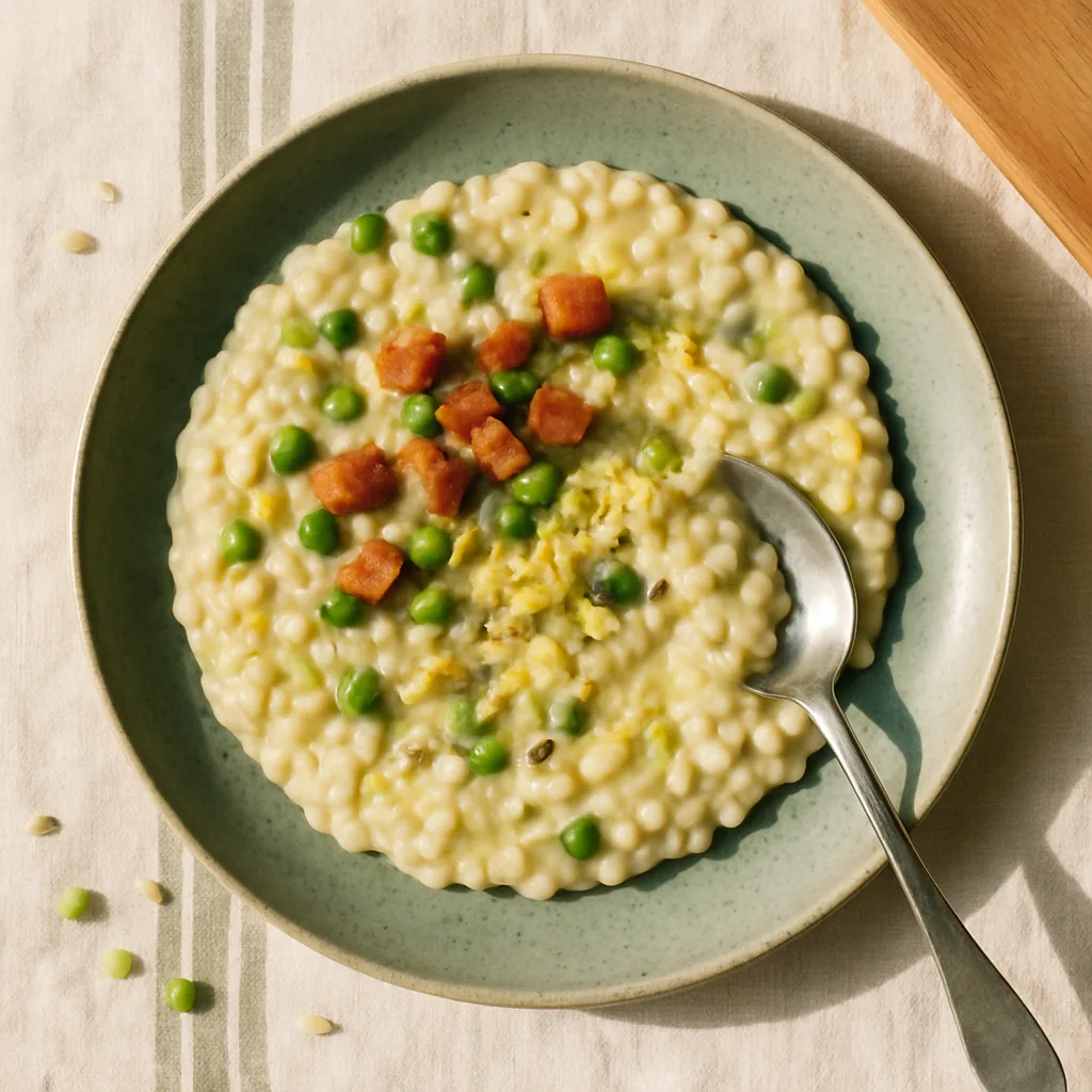The finished orzotto on a sage green handmade plate with an irregular edge, spread flat rather than heaped. Swollen pearl barley in a loose creamy sauce, soft pale leek through it, bright green peas and crisp browned cubes of pancetta on top.