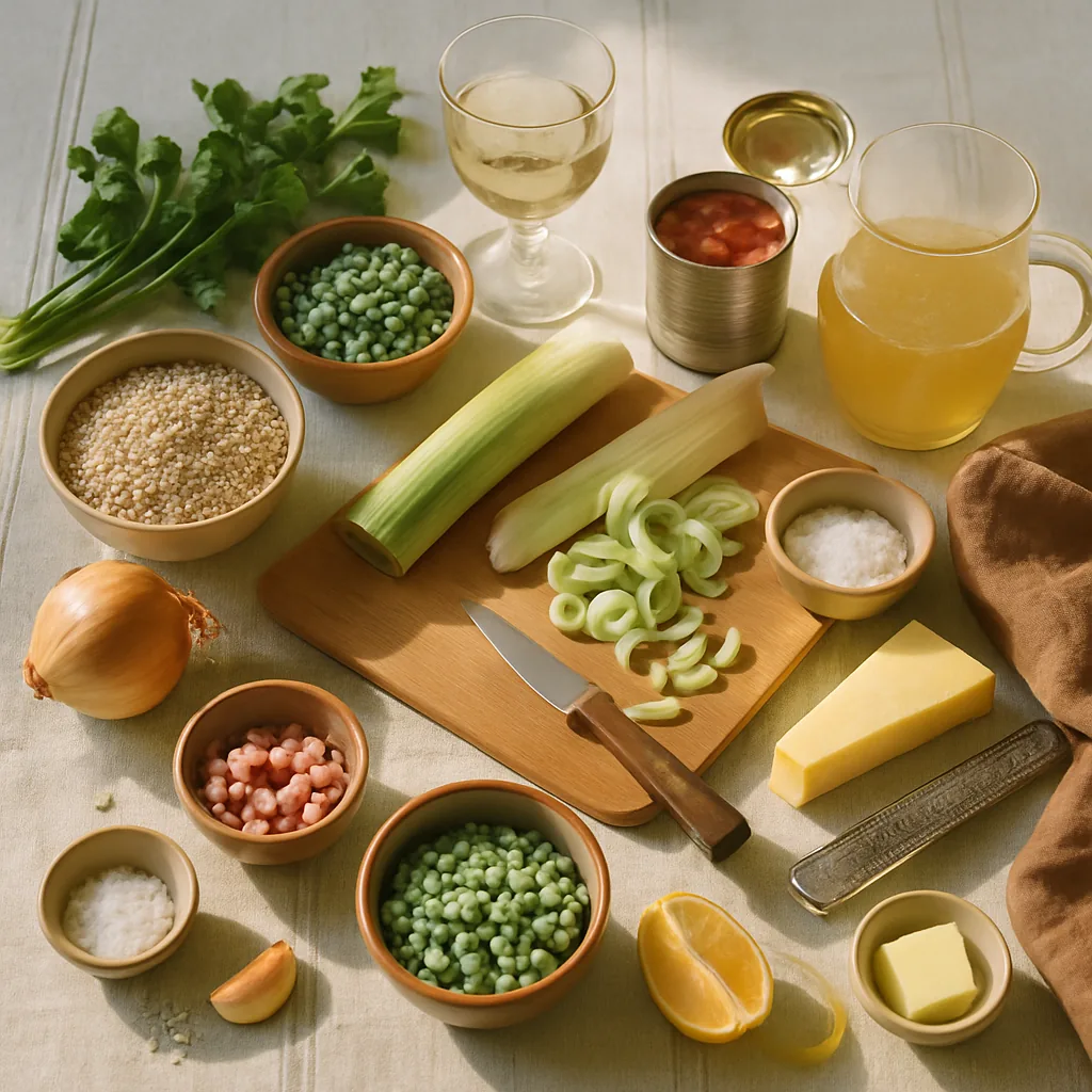 Ingredients laid out for an orzotto, pearl barley cooked risotto-style with leeks, peas and pancetta.