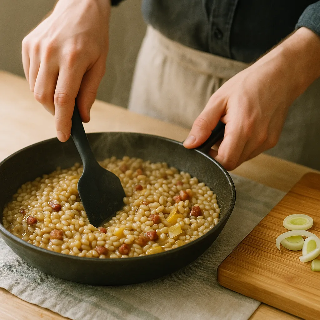 A pair of hands stirs an orzotto in a wide shallow pan with a silicone spatula, dragging a clear channel through the barley that closes slowly behind the blade.
