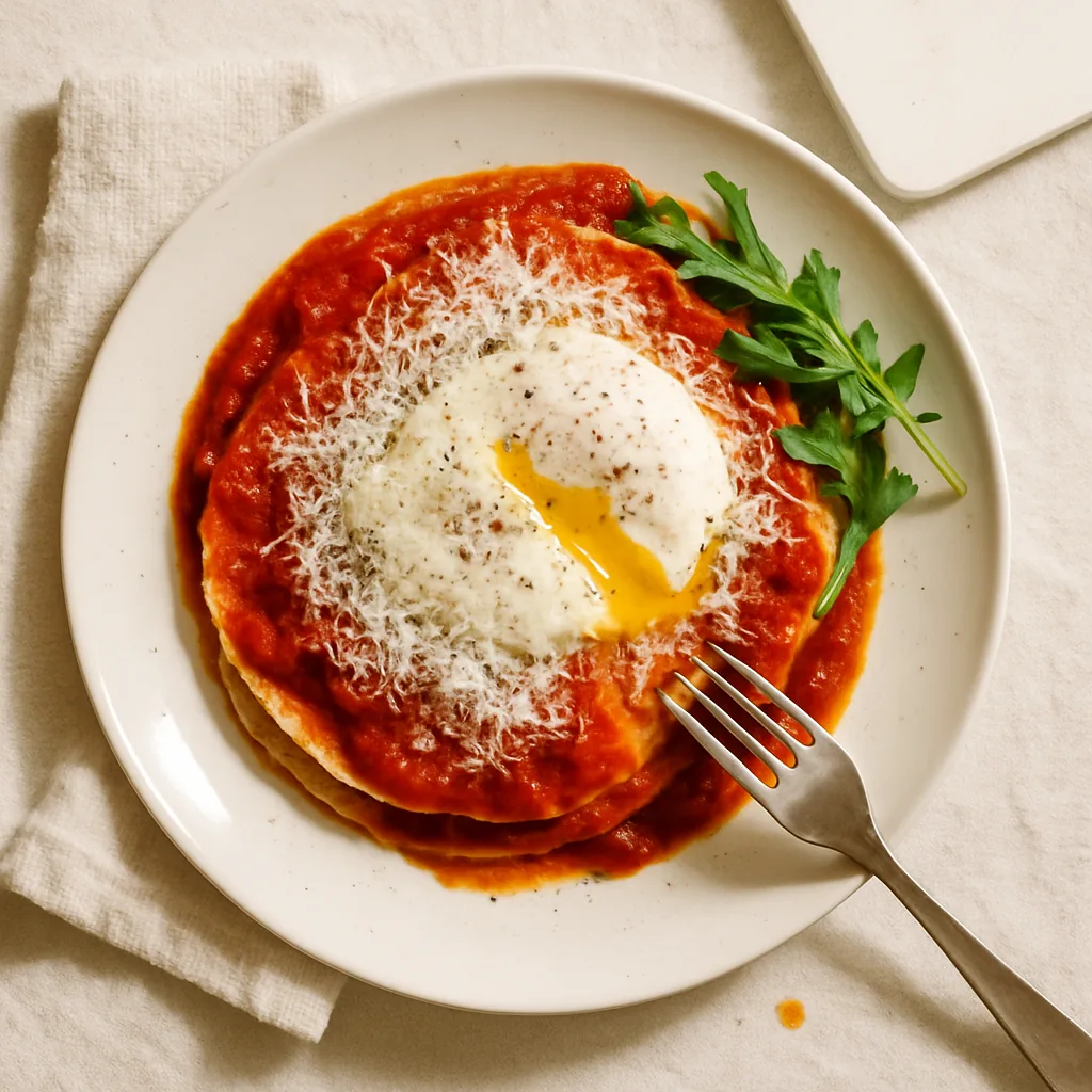The finished pane frattau on a plain white porcelain plate with a subtle rim. A low round stack of softened flatbread layers, the edges visible and slightly ruffled where they overlap, red tomato sauce spread between and over them.