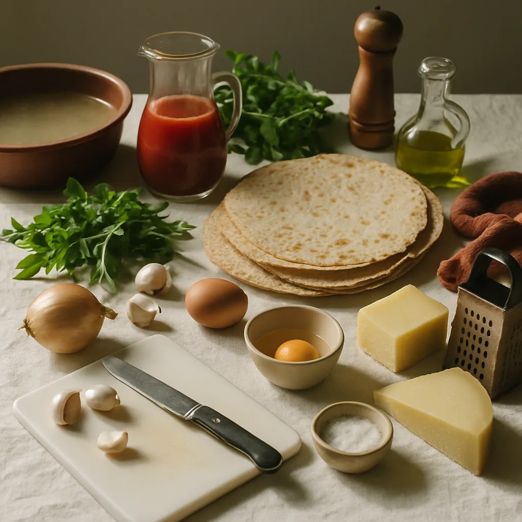 Ingredients laid out for pane frattau, Sardinian flatbread layered with tomato sauce, pecorino and a poached egg.