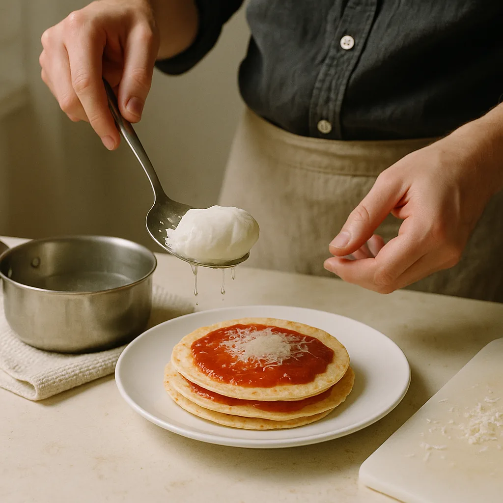 A pair of hands lifts a poached egg out of a small pan of barely trembling water on a stainless slotted spoon, water draining off it in thin threads, the white slightly ragged at the edges the way a real poached egg is.