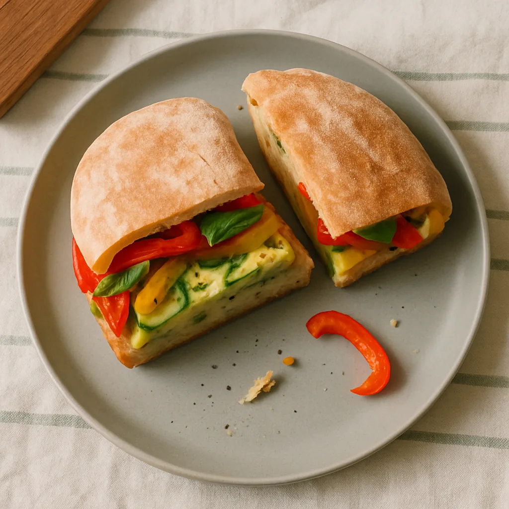 The finished panino on a warm grey matte plate, cut in half with the two halves standing cut-face up. Inside: a thick slab of pale courgette frittata with green rounds visible through it, glossy red and yellow roasted pepper strips, torn basil.