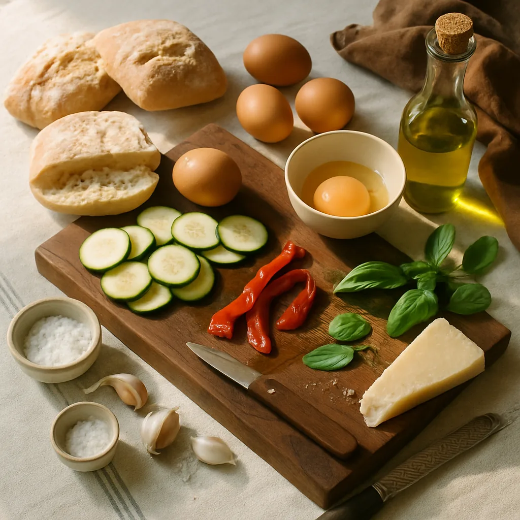 Ingredients laid out for a panino filled with courgette frittata and roasted peppers: two ciabatta rolls, four eggs, two courgettes, a jar of roasted peppers with the lid off, a wedge of parmigiano with a microplane, 2 unpeeled garlic cloves.