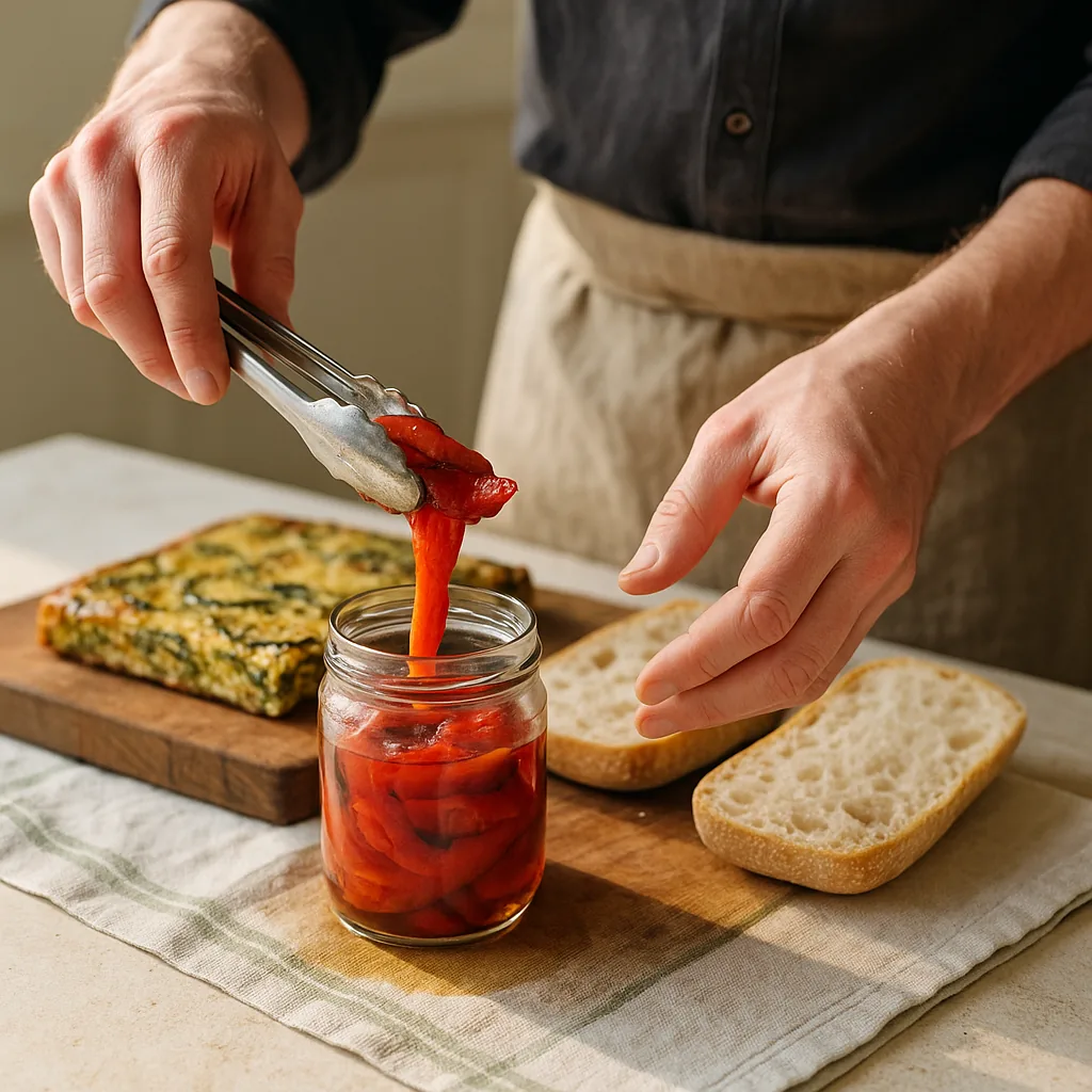 A pair of hands lifts a torn strip of roasted pepper out of a plain jar with tongs, the pepper glossy and limp, oil running off it and a drip falling back into the jar.