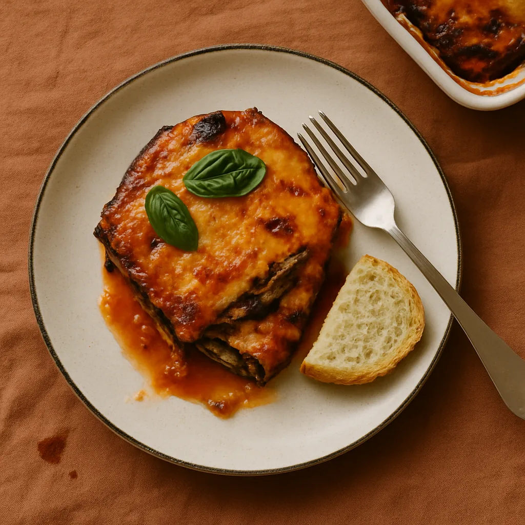 A portion of the finished parmigiana lifted onto a pale pink plate with a hand-painted thin black rim. The top is blistered and browned where the cheese has caught.