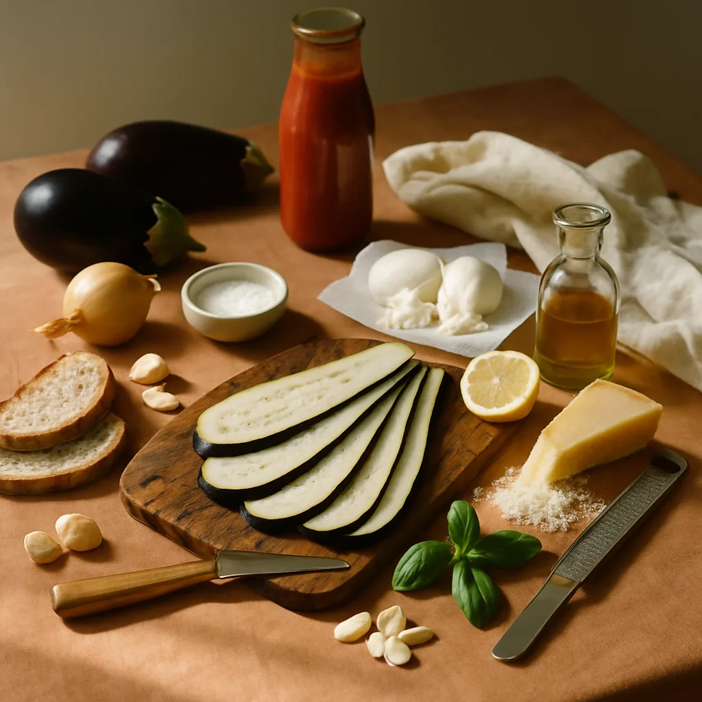 Ingredients laid out for melanzane alla parmigiana: two aubergines, a glass bottle of tomato passata, two balls of mozzarella, a wedge of parmigiano with a microplane and a heap of gratings, 3 garlic cloves, a small bunch of basil.