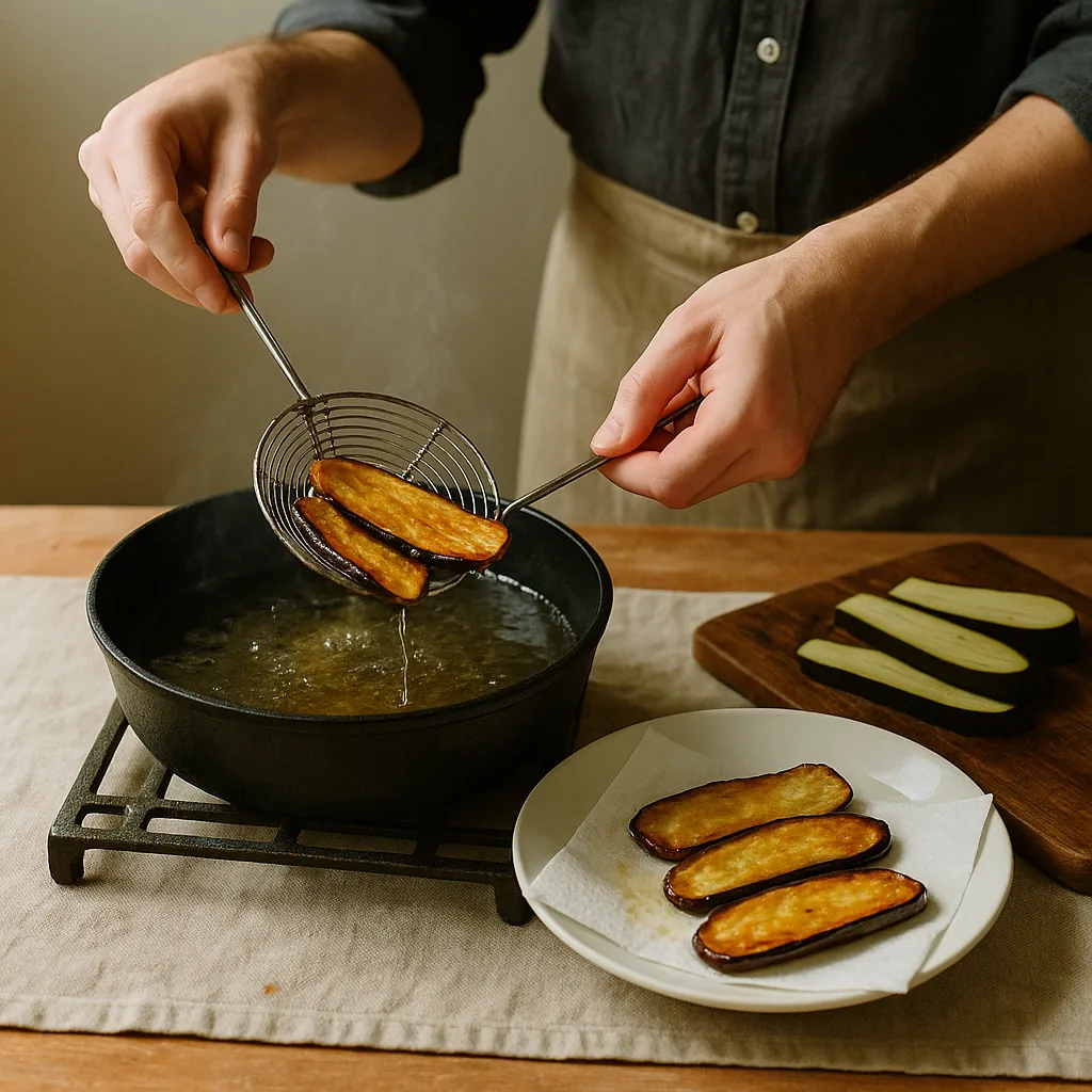 A pair of hands lifts fried aubergine slices out of a pan of hot oil with a wire spider skimmer, the slices deep gold and collapsing under their own weight, oil running off them in threads back into the pan.