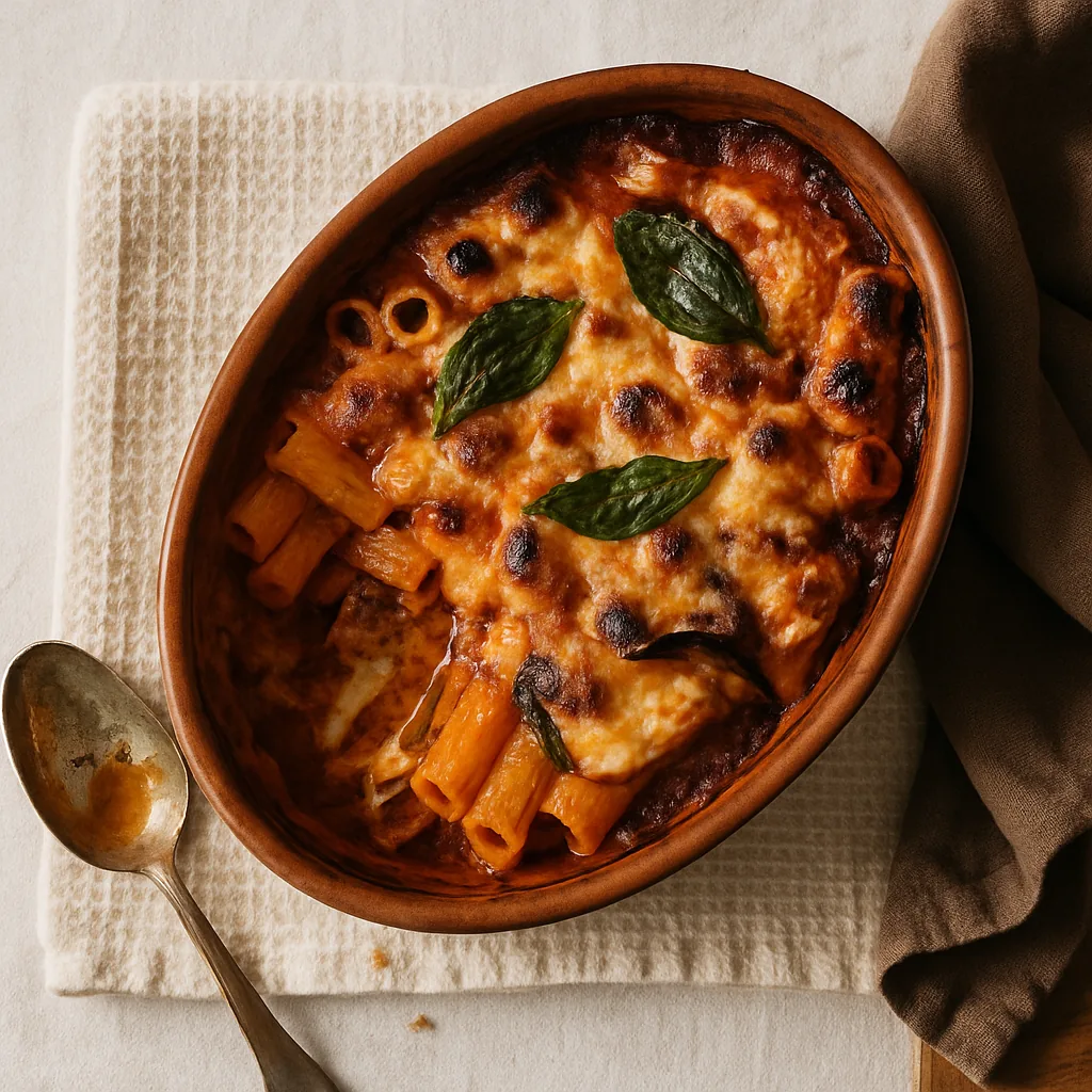 The finished pasta al forno in the unglazed terracotta oval baker, straight from the oven. A blistered browned crust of rigatoni ends and melted scamorza, deep red sauce bubbling up at the edges and caught black-brown where it met the hot clay.