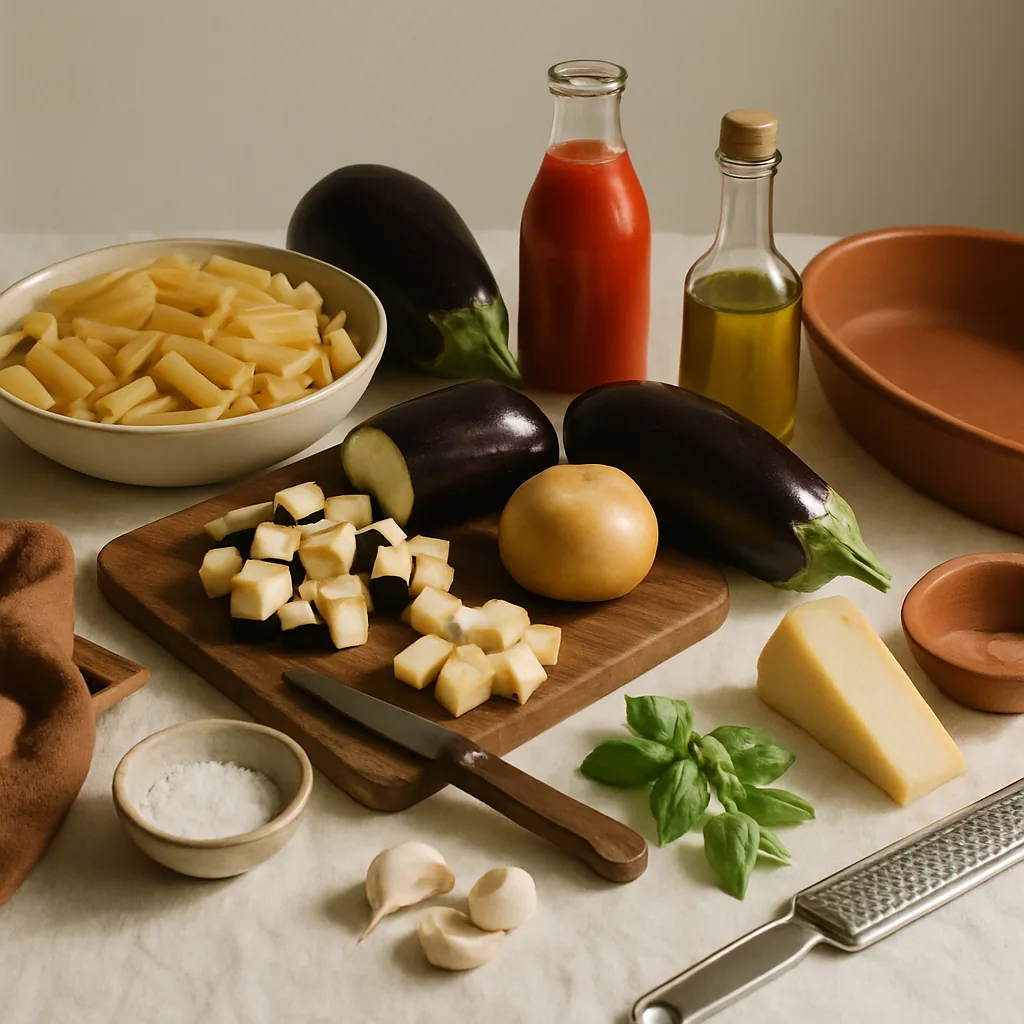 Ingredients laid out for pasta al forno with aubergine and smoked scamorza: a heap of dry rigatoni in a shallow dish, two aubergines, a ball of smoked scamorza, a glass bottle of tomato passata, 3 garlic cloves, a small bunch of basil.