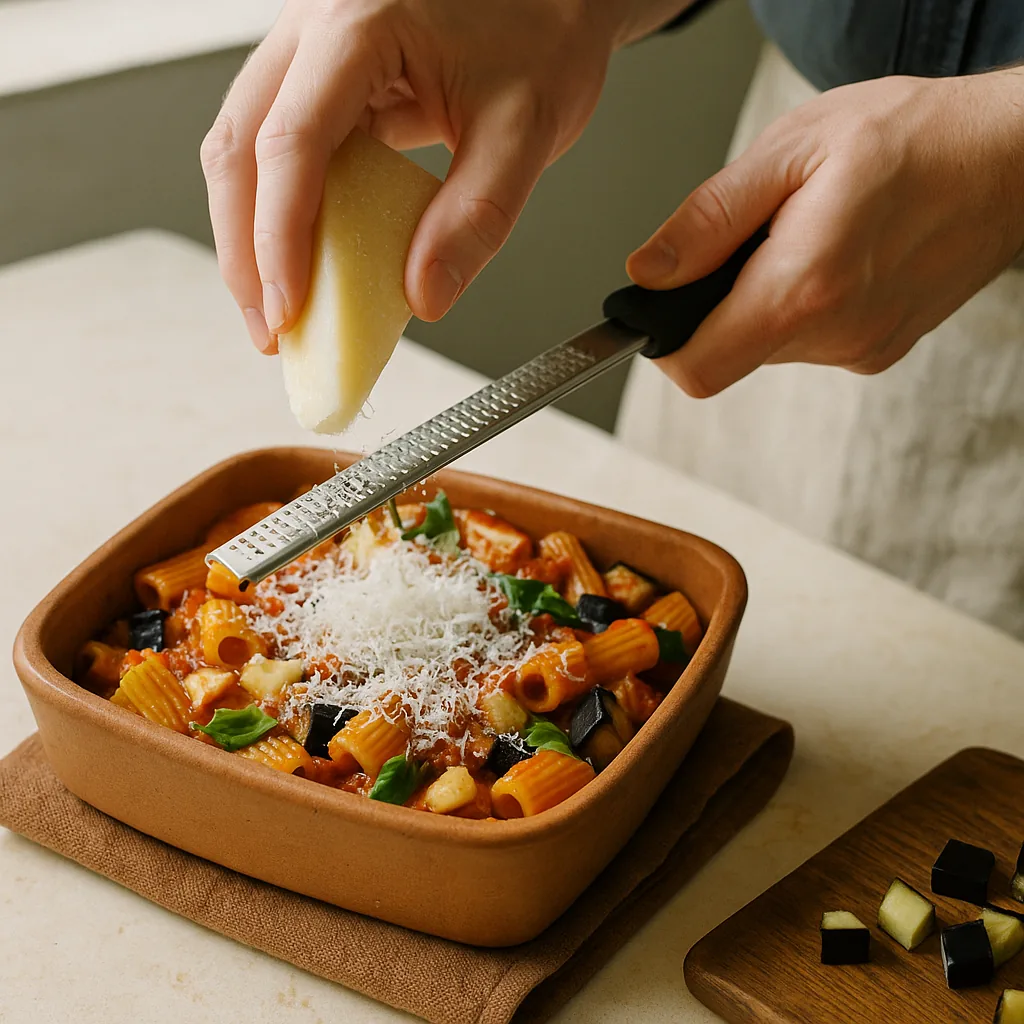 A pair of hands grates parmigiano with a microplane over an unglazed terracotta baker of assembled pasta al forno, ready to go into the oven.