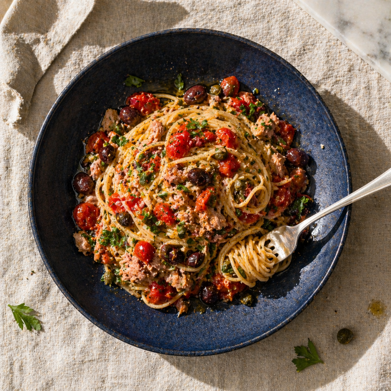 Pasta al tonno with olives and capers