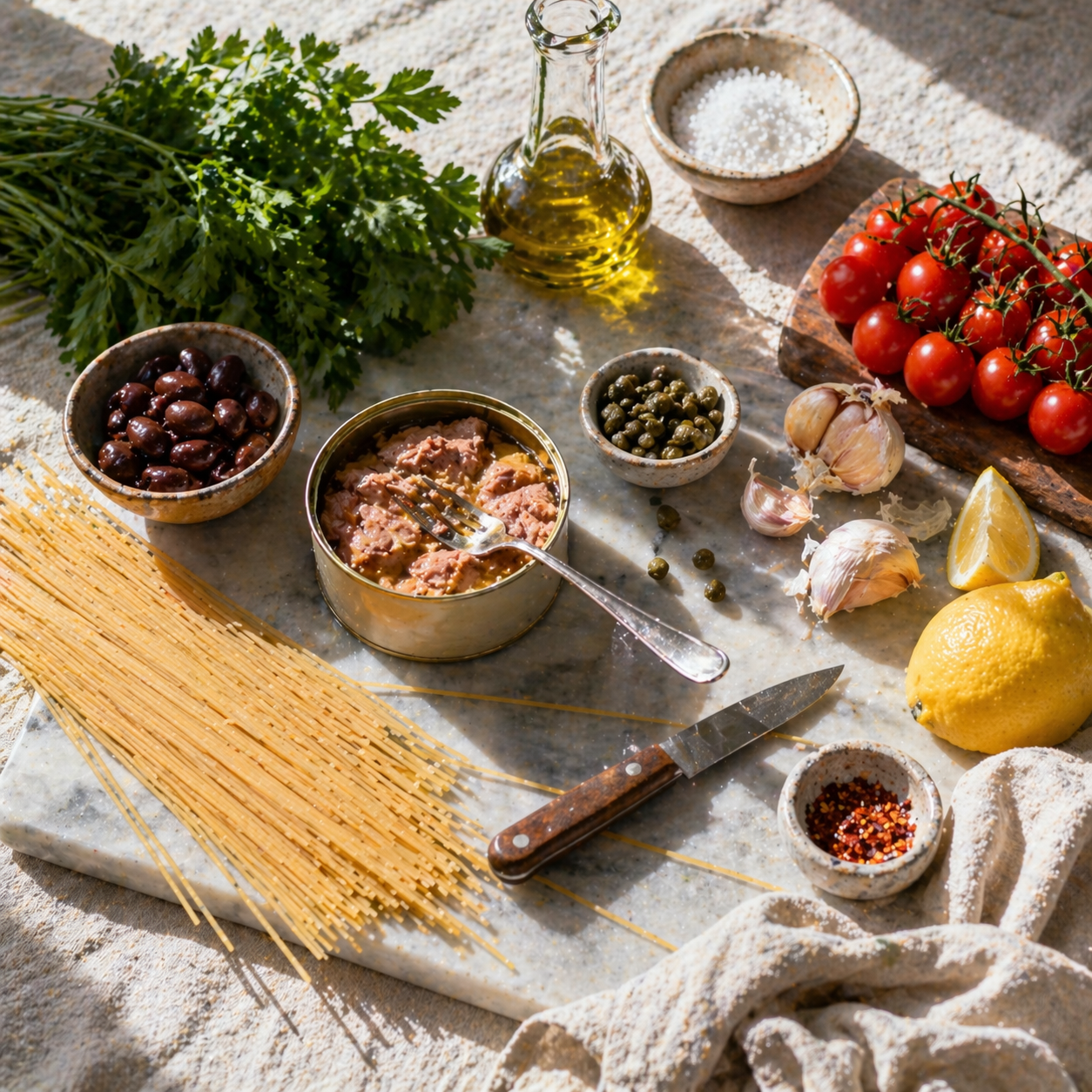 Pasta al tonno with olives and capers: ingredients