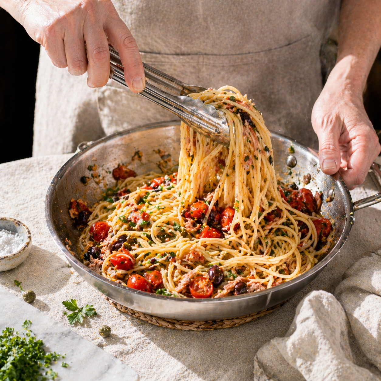 Pasta al tonno with olives and capers: prep