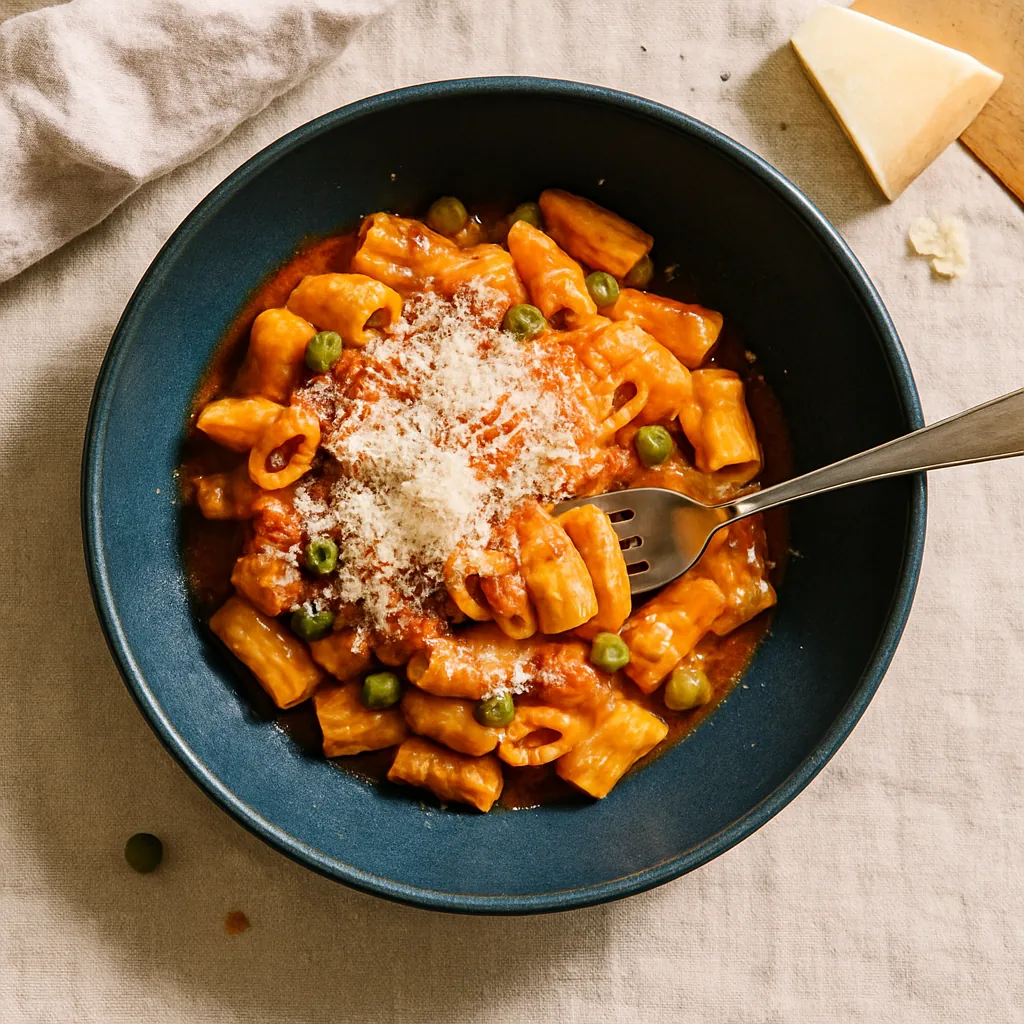 The finished pasta alla campidanese in a deep navy shallow bowl-plate. Short ridged pasta shells coated in a thick brick-red sauce, visible lumps of browned sausage, bright green peas caught in the ridges, the whole thing tinged orange-gold from saffron.