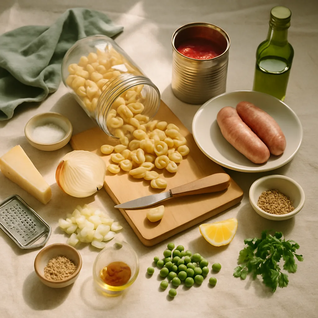 Ingredients laid out for pasta alla campidanese, short ridged Sardinian pasta with a sausage, tomato and saffron sauce.