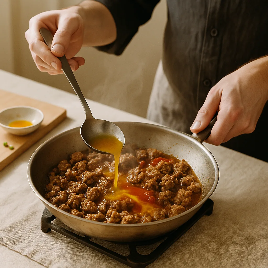 A pair of hands tips a ladle of deep yellow saffron water into a wide pan of browned crumbled sausage and softened onion.