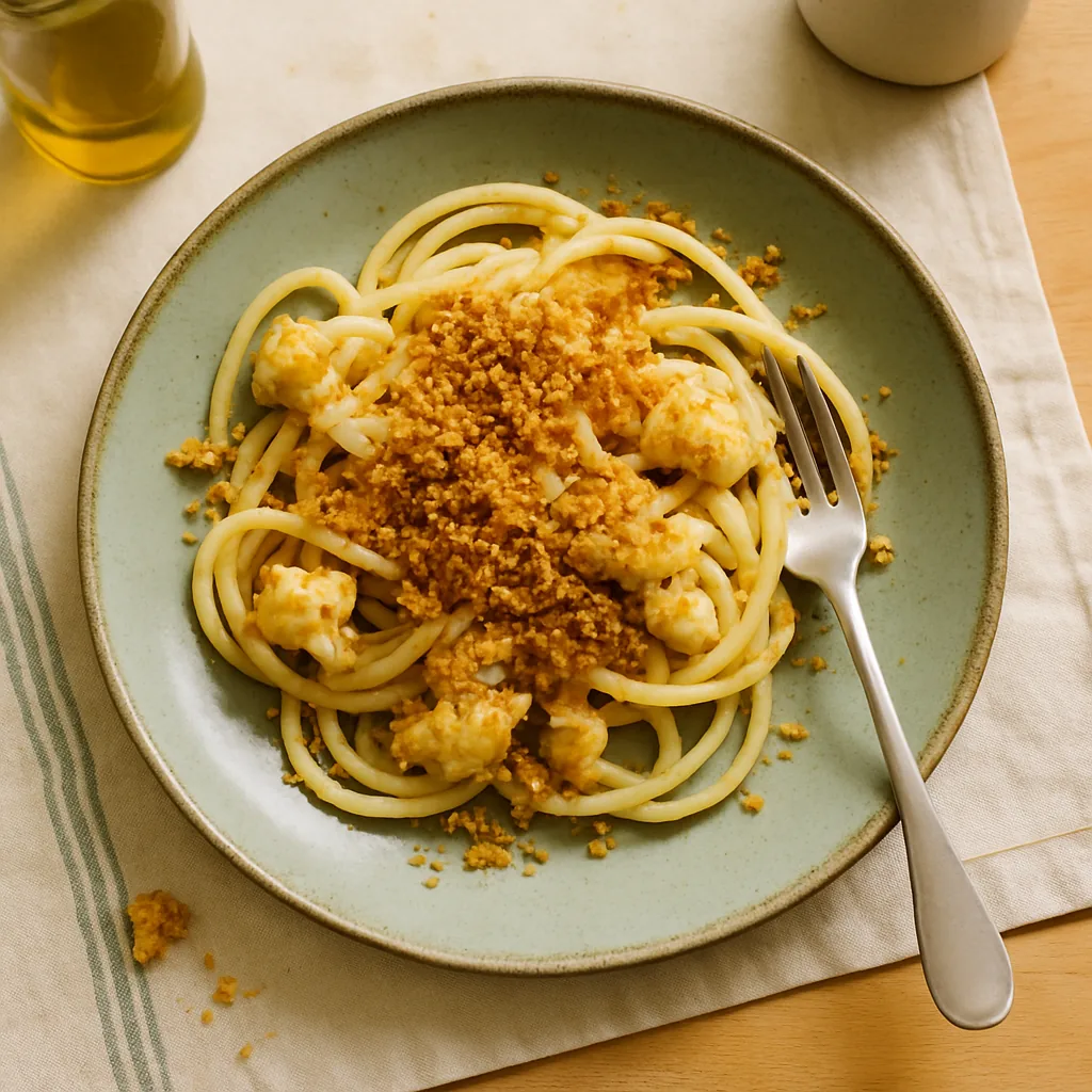 The finished pasta on a sage green handmade plate with an irregular edge. Bucatini tangled with soft broken cauliflower florets that have gone golden at the edges, the whole thing pale gold rather than red, glossy with anchovy-melted oil.