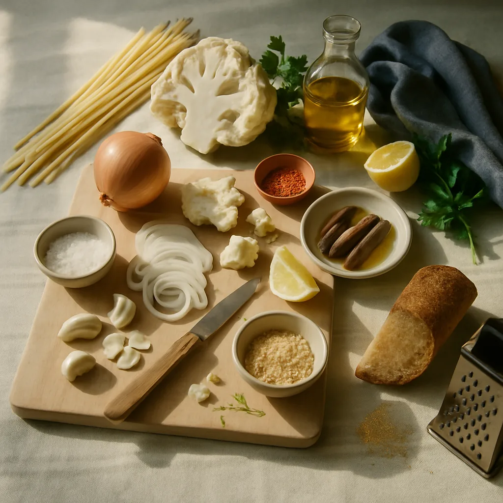 Ingredients laid out for pasta with cauliflower, anchovies and toasted breadcrumbs: a handful of dry bucatini, half a cauliflower, four anchovy fillets on a small saucer in their oil, an onion, 3 garlic cloves, a pinch pot of chilli flakes.