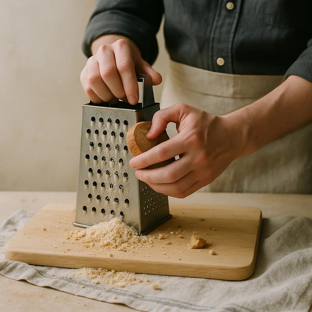 A pair of hands rubs a dry heel of stale bread down the coarse face of a standing box grater, coarse crumbs falling onto the light maple board in an uneven drift.