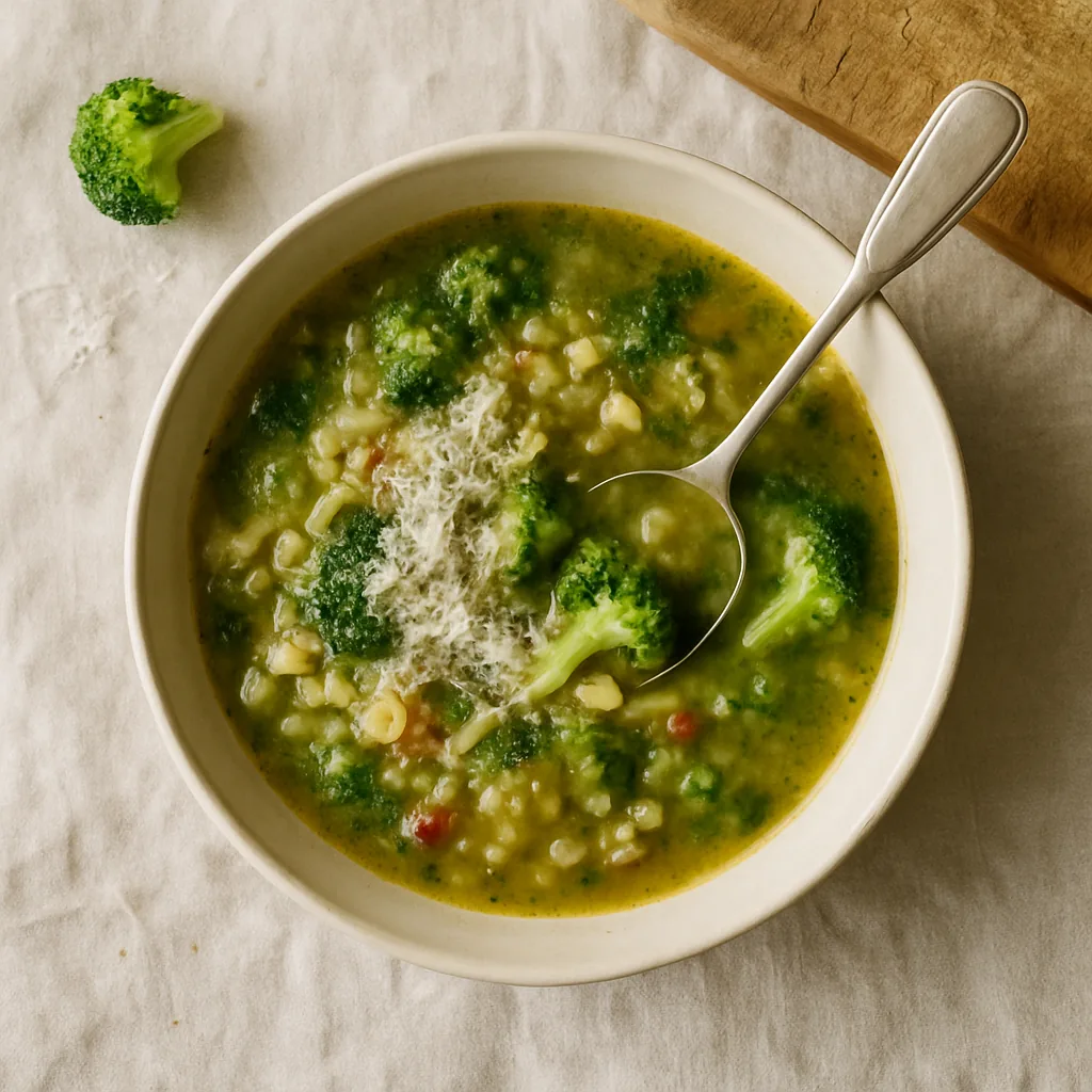 The finished minestra in a matte cream stoneware deep bowl. Loose and soupy: ditalini and snapped spaghetti suspended in a cloudy green broth with broken broccoli through it, a few florets left whole, a faint rosy tint from the tomato purée.