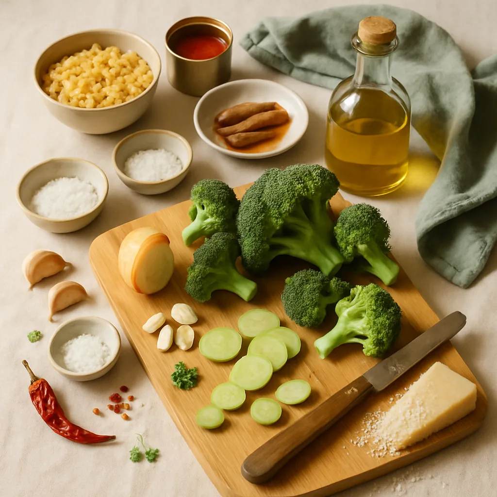 Ingredients laid out for minestra di pasta e broccoli, a loose soupy pasta dish with anchovy and pecorino.