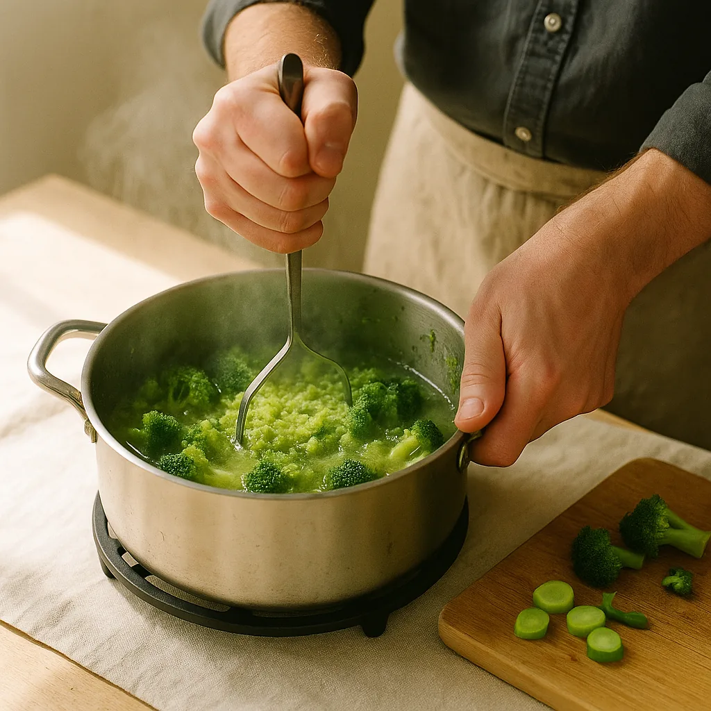 A pair of hands presses a potato masher down into a wide pan of broccoli cooking in its own green broth, crushing the florets against the base.