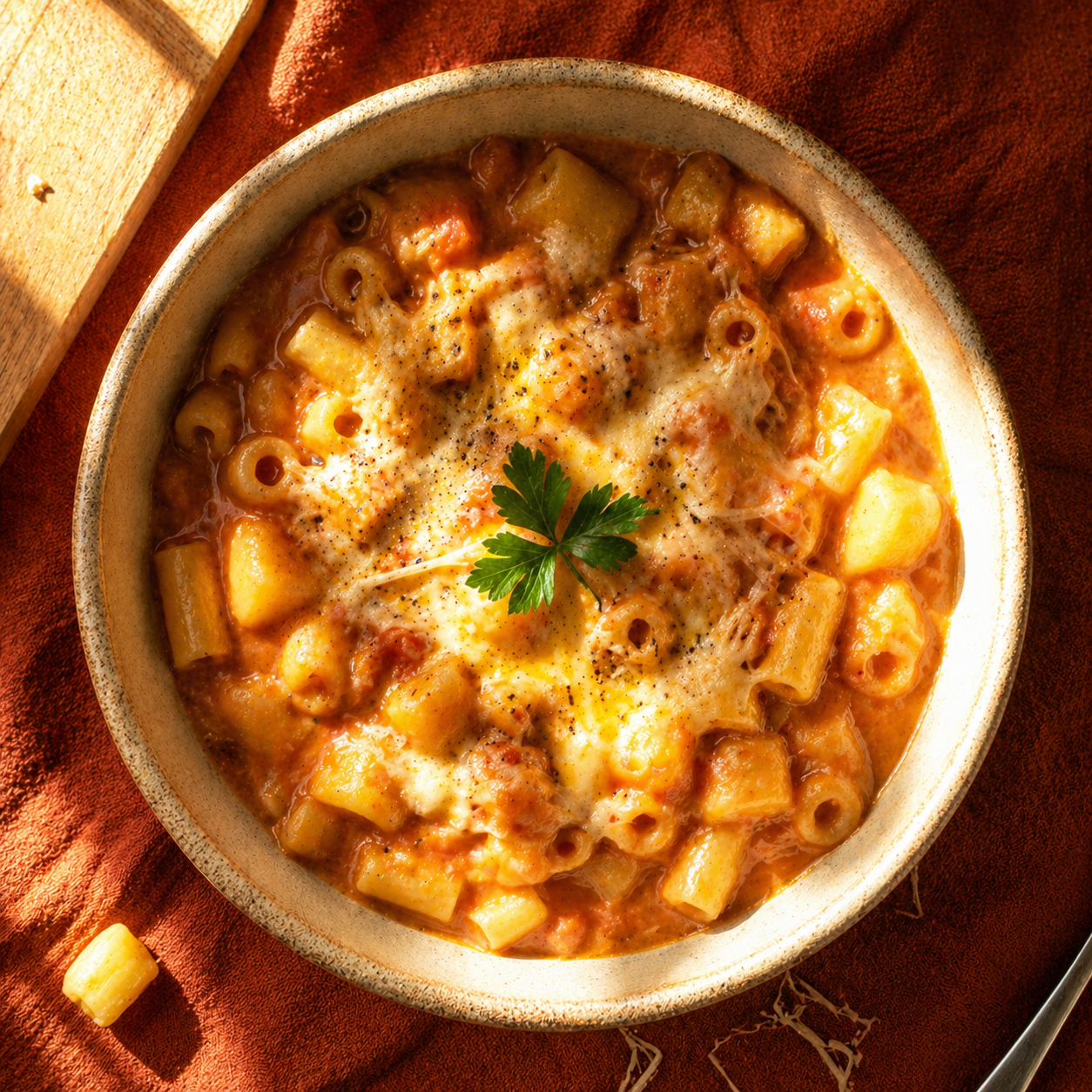Pasta e patate with smoked mozzarella