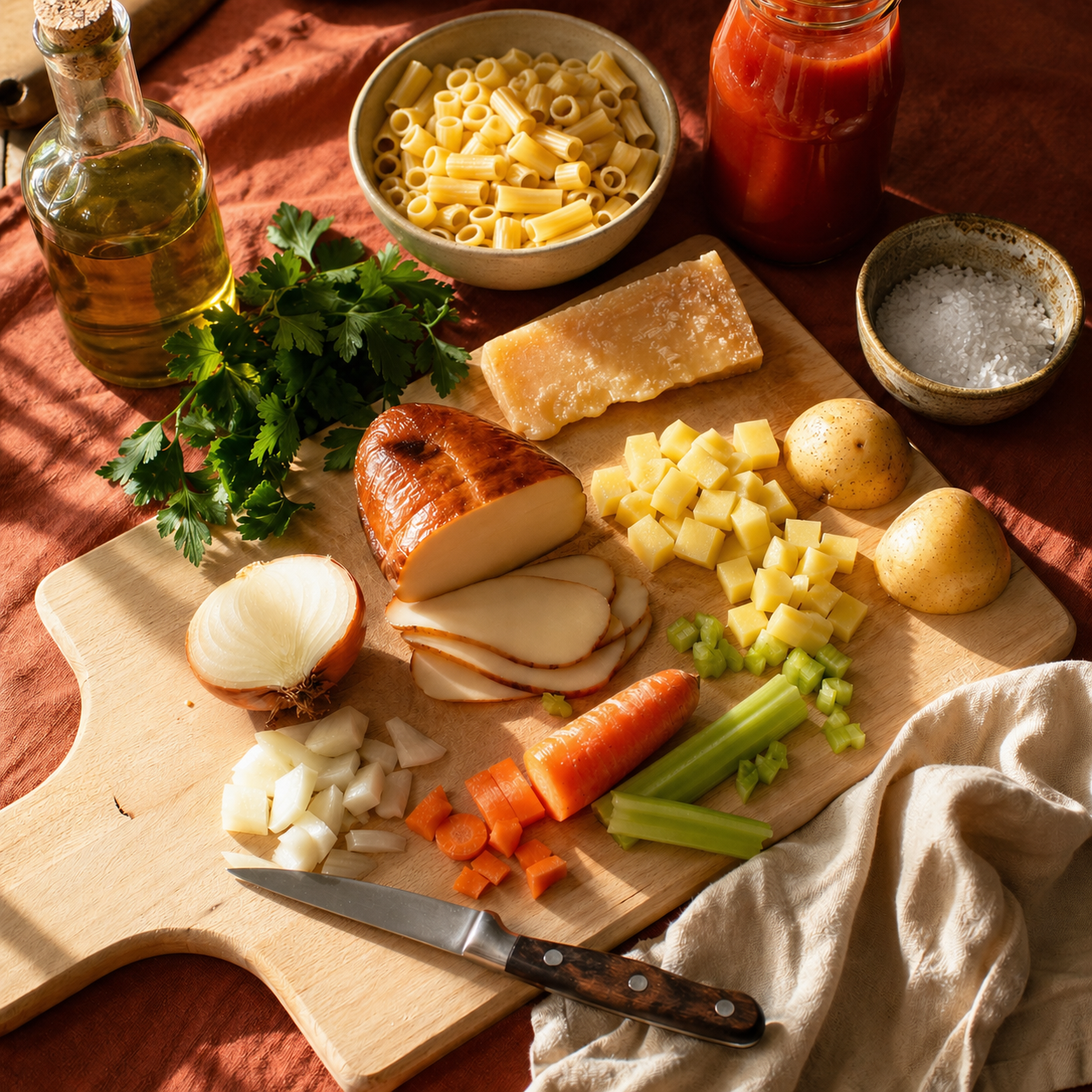 Pasta e patate with smoked mozzarella: prep