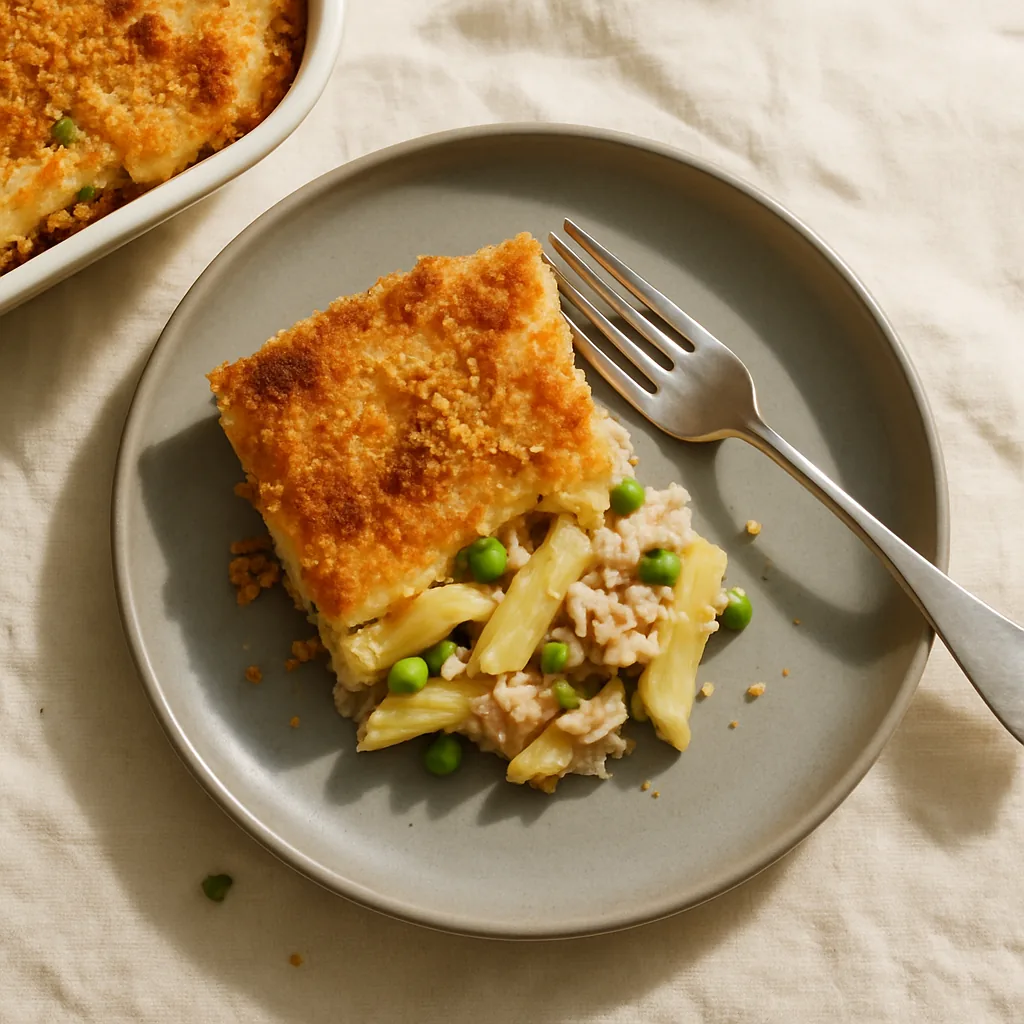 A portion of the finished baked pasta lifted onto a warm grey matte plate. The top is a golden-brown breadcrumb crust with darker blistered patches.