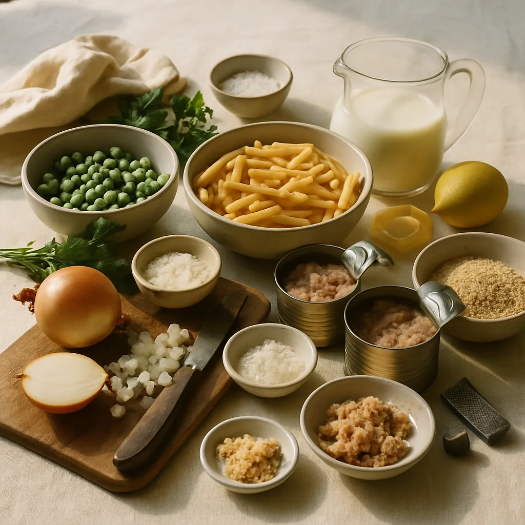 Ingredients laid out for baked pasta with tuna, peas and béchamel: a heap of dry penne in a shallow dish, two opened tins of tuna in olive oil, a bowl of frozen peas, an onion.