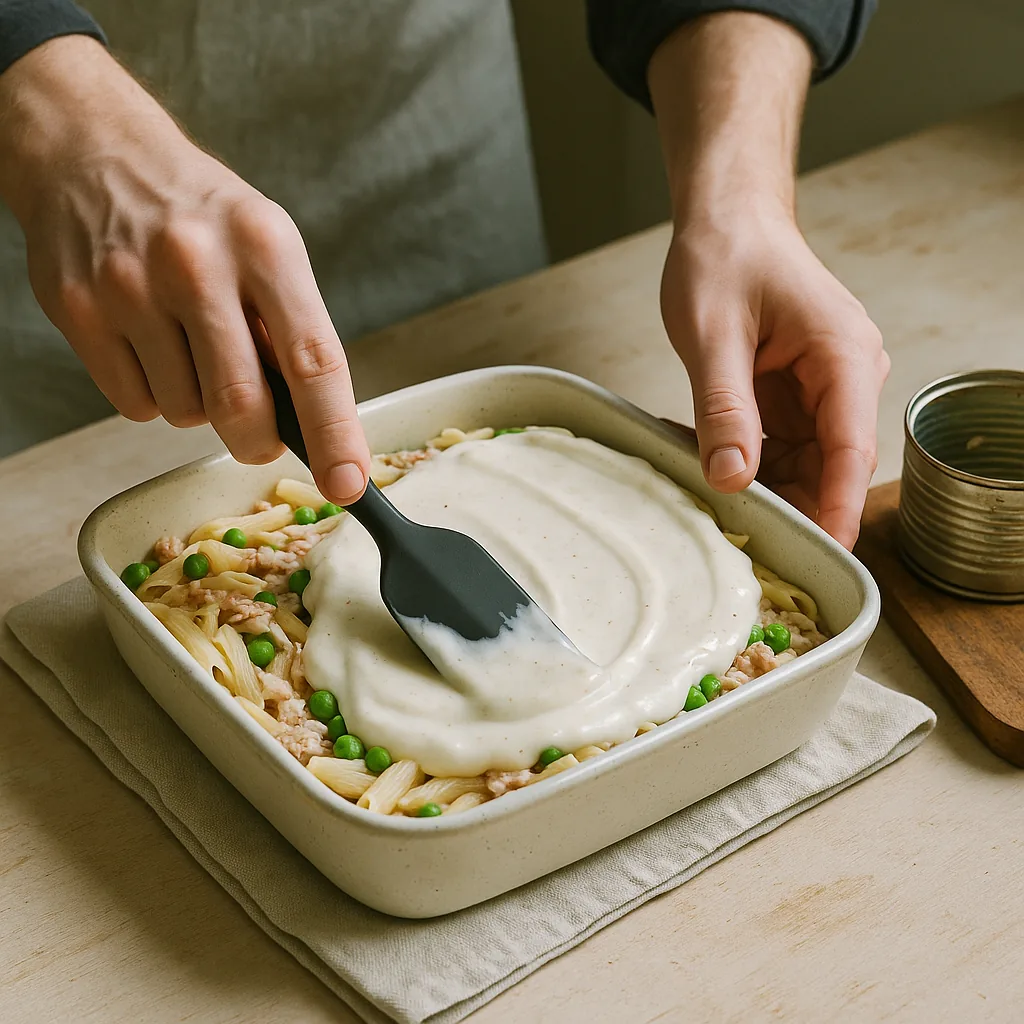A pair of hands smooths a thick layer of white béchamel over an oven dish of penne with a silicone spatula, dragging it flat in a broad sweep.