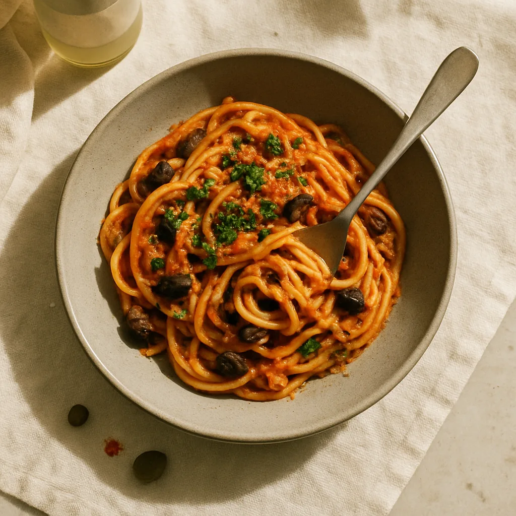 The finished pasta in a warm grey matte shallow bowl-plate. Spaghetti twisted into a loose nest, coated in a rough red sauce with torn black olives, capers, slivers of garlic and visible flakes of tuna through it.