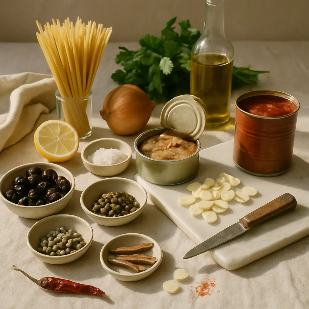 Ingredients laid out for pasta alla puttanesca with tuna: a handful of dry spaghetti standing loose, an opened tin of tuna in olive oil, three anchovy fillets on a small saucer in their oil, a small bowl of black olives.